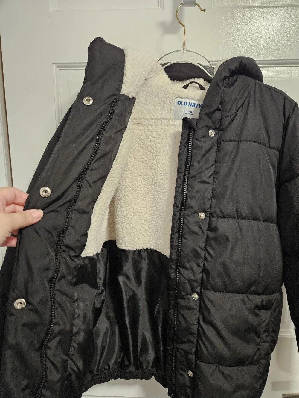 Old Navy Girls Black Puffer Coat Sherpa Lined Hood Kids Size L (10-12)